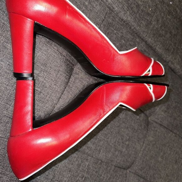 Etienne Aigner Red/White Peep Toe Slip On Thick Block Heel Leather Size 8.5 M - Picture 13 of 16
